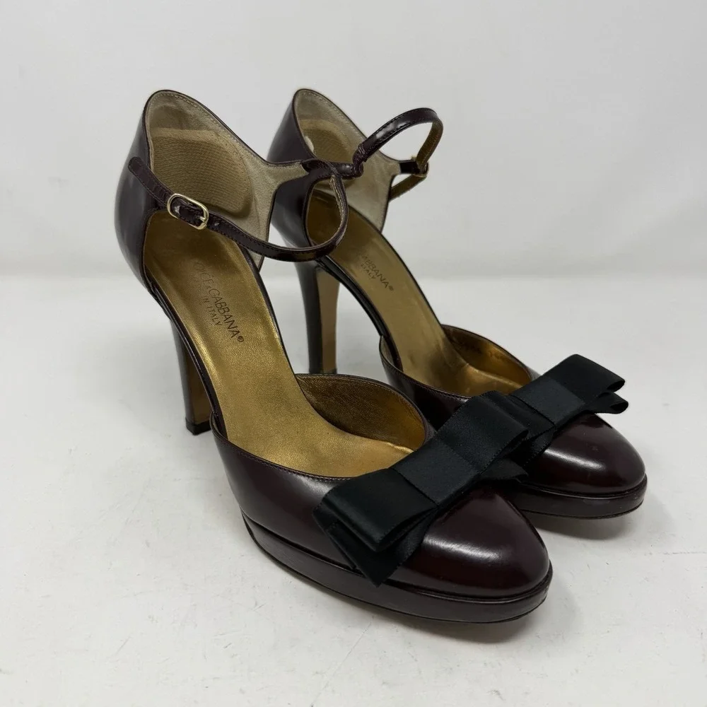 Dolce Gabbana Burgundy Leather D'Orsay Platform Pumps Bow Sz 37 Made Italy